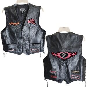 Diamond Plate Buffalo Leather Jacket Moto Vest Black‎ M Biker Heart USA Patches